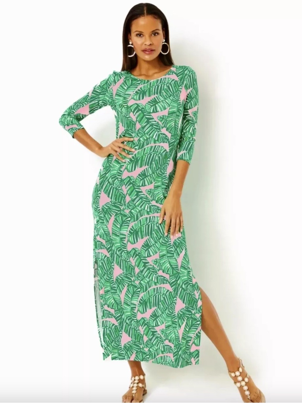 NWT Lilly Pulitzer Morgann 3/4 Sleeve Maxi Dress Let's Go Bananas/Conch Pink